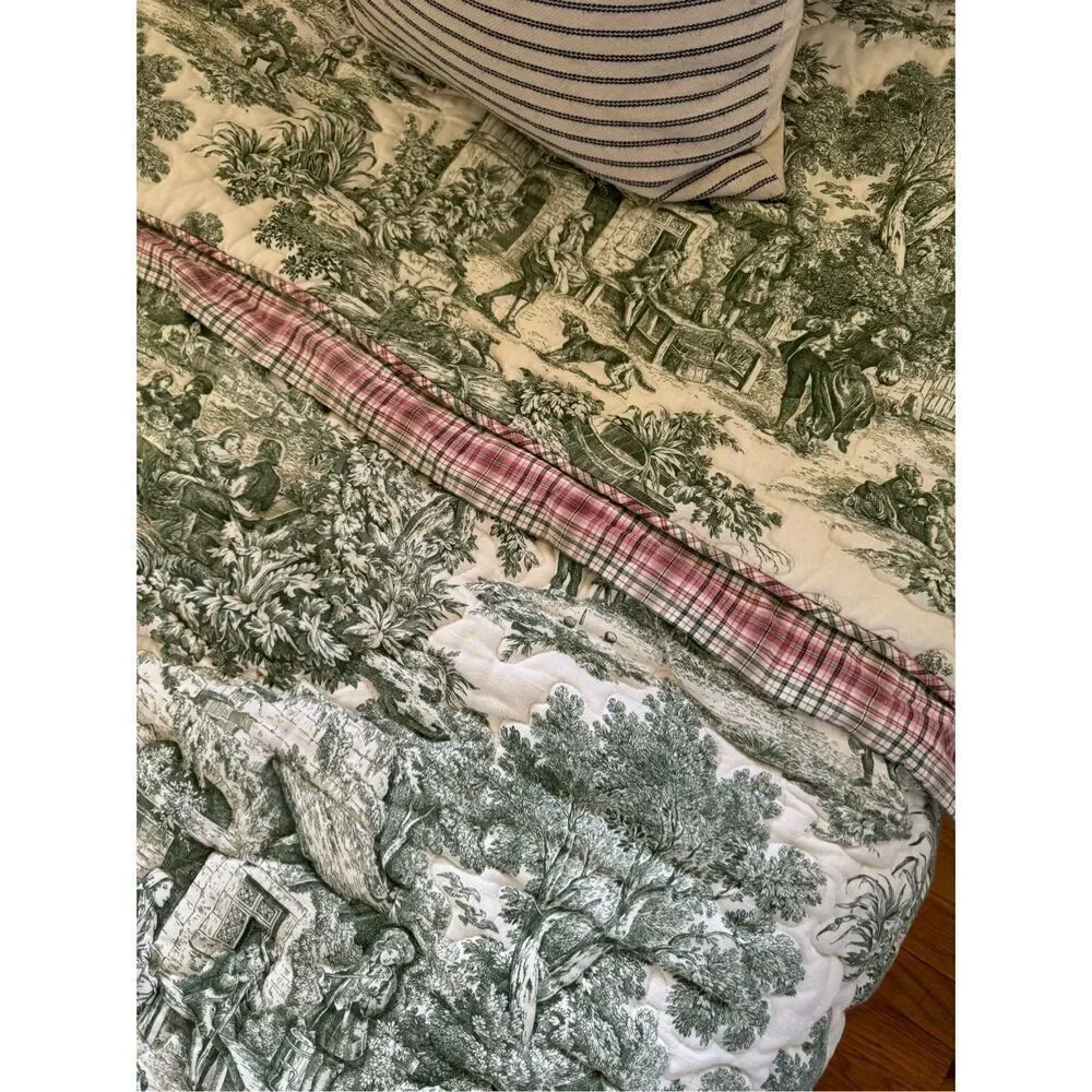 Custom French Country Chinoiserie Green Toile Quilted Comforter Coverlet Twin Si
